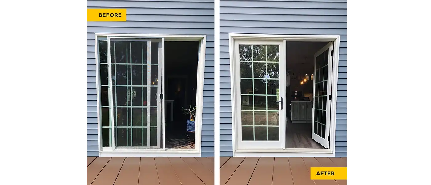Before and after of a sliding patio door converted to French doors.