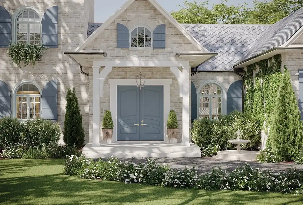 A light blue French County stile TruStile front door on a white house