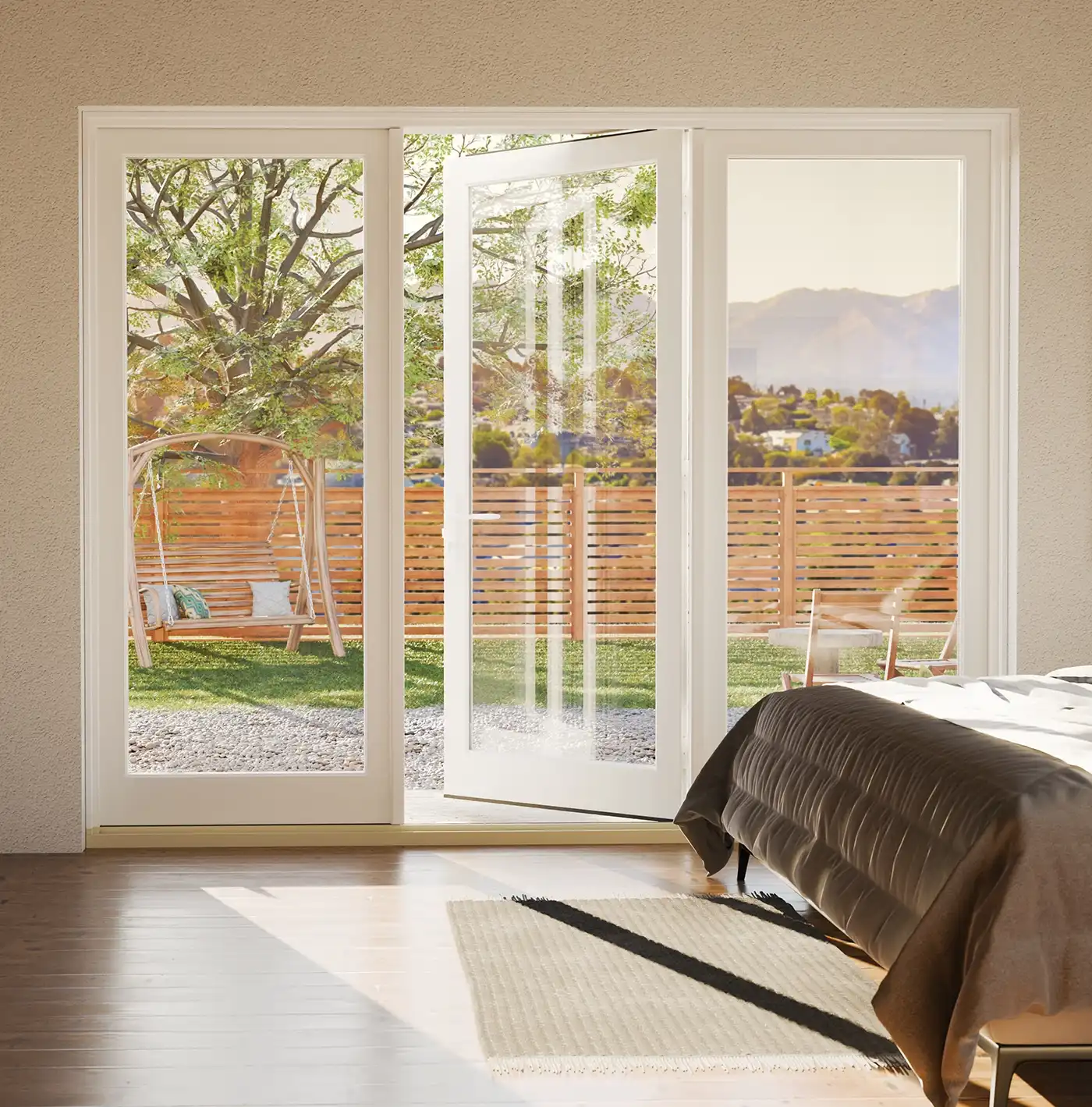 Interior view of a white Marvin Replacement Outswing French door.