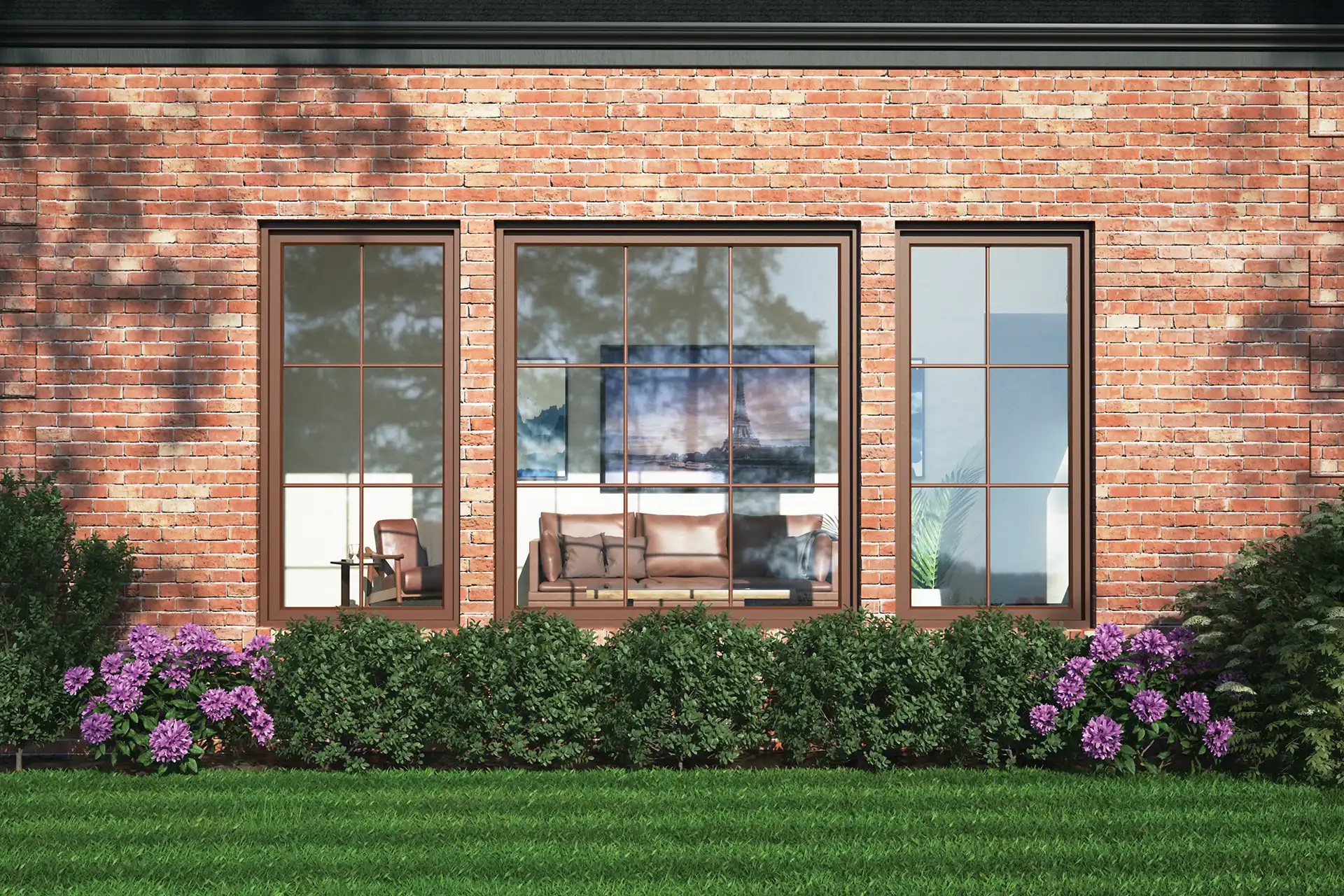 Brick home exterior with brown casement windows and grilles.